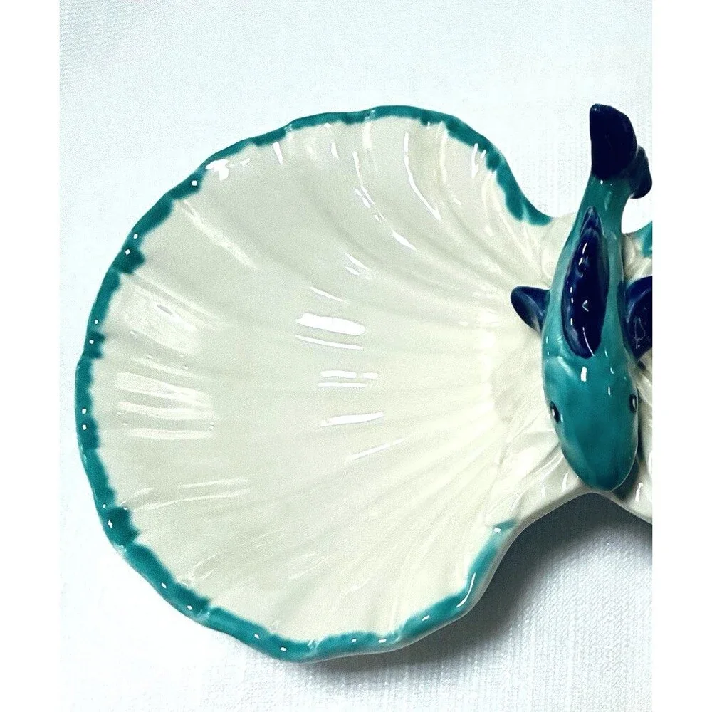 Vietri Scalloped Seashell Fish Double Bowl White Turquoise Made In Italy 9370/26